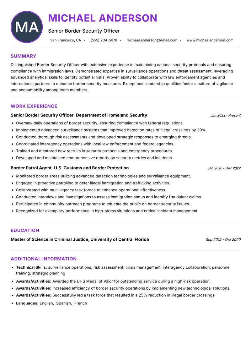 Border Security Officer resume example — ATS-friendly template
