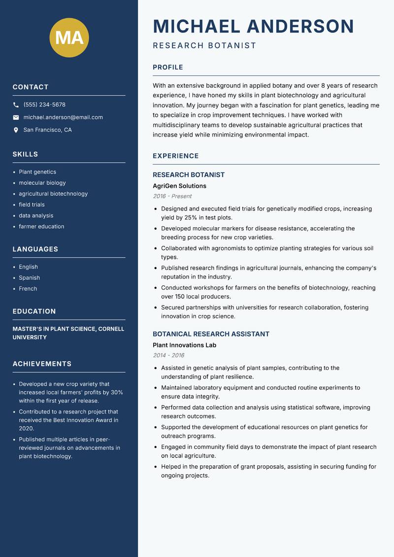 Botanist resume template — Classic Clean