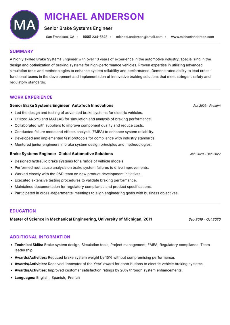 Brake Systems Engineer resume example — ATS-friendly template