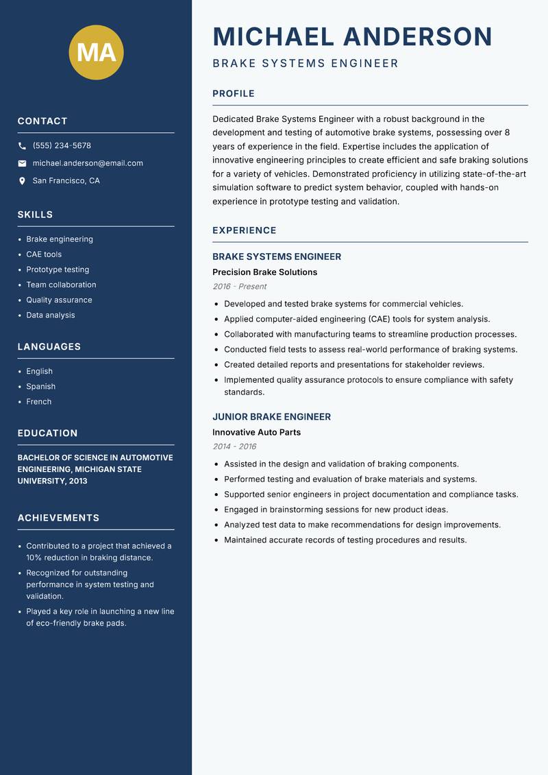 Brake Systems Engineer resume template — Classic Clean