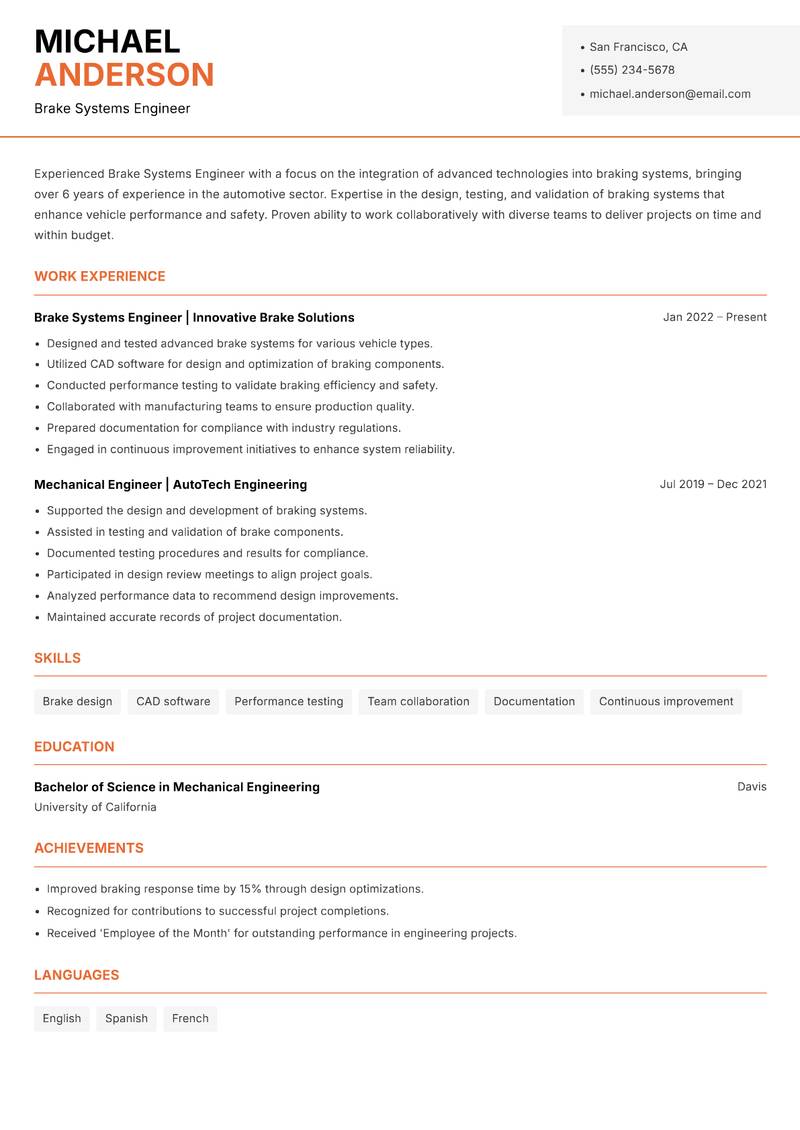 Brake Systems Engineer resume template — Modern Professional