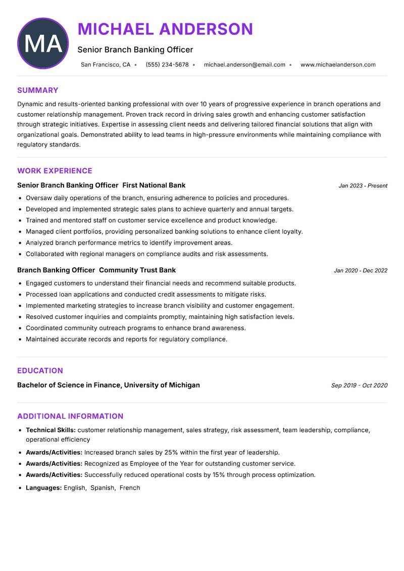 Branch Banking Officer resume example — ATS-friendly template