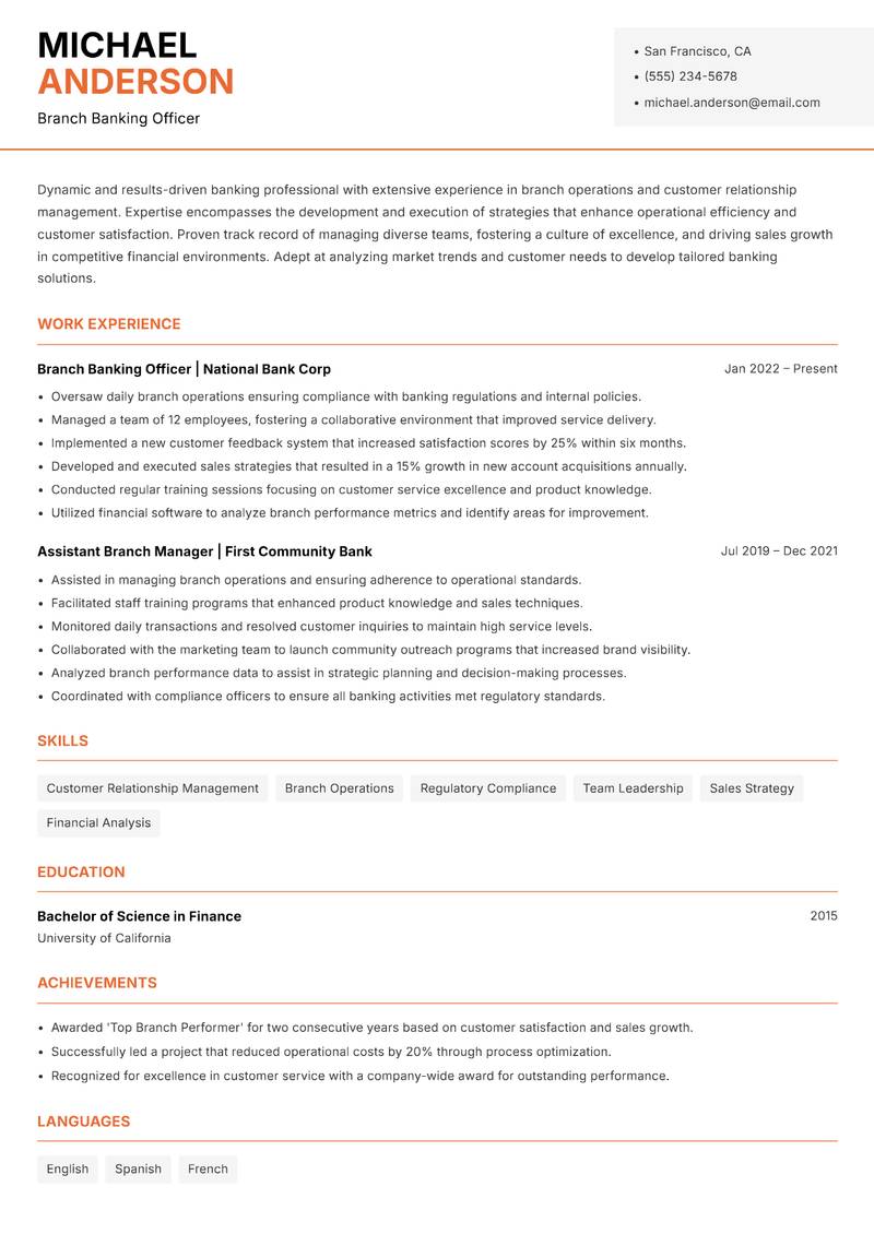 Branch Banking Officer resume template — Modern Professional