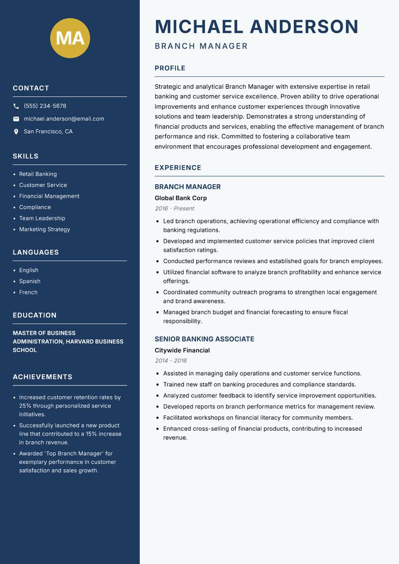 Branch Manager resume template — Classic Clean