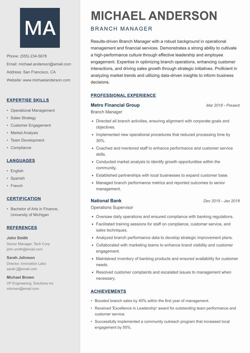 Branch Manager resume template — Creative Minimal