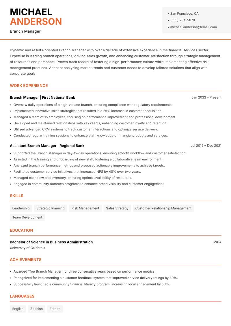 Branch Manager resume template — Modern Professional