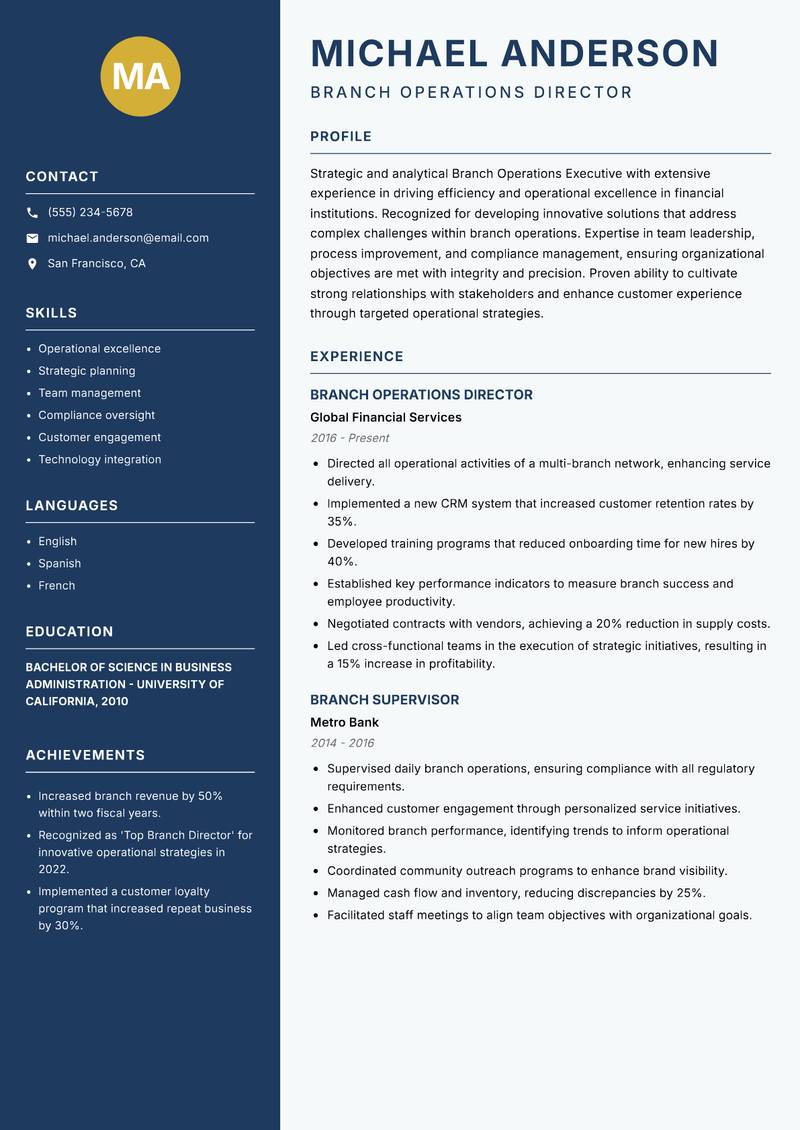 Branch Operations Executive resume template — Classic Clean