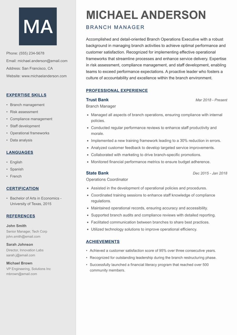 Branch Operations Executive resume template — Creative Minimal