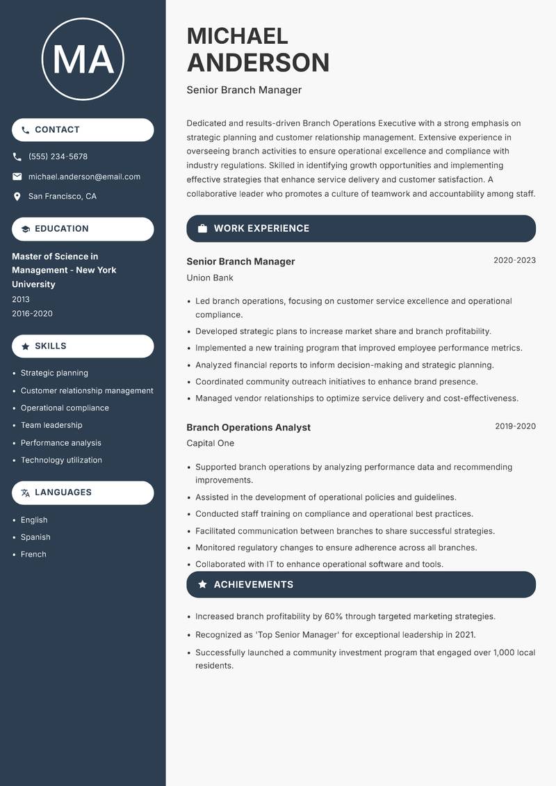 Branch Operations Executive resume template — Compact