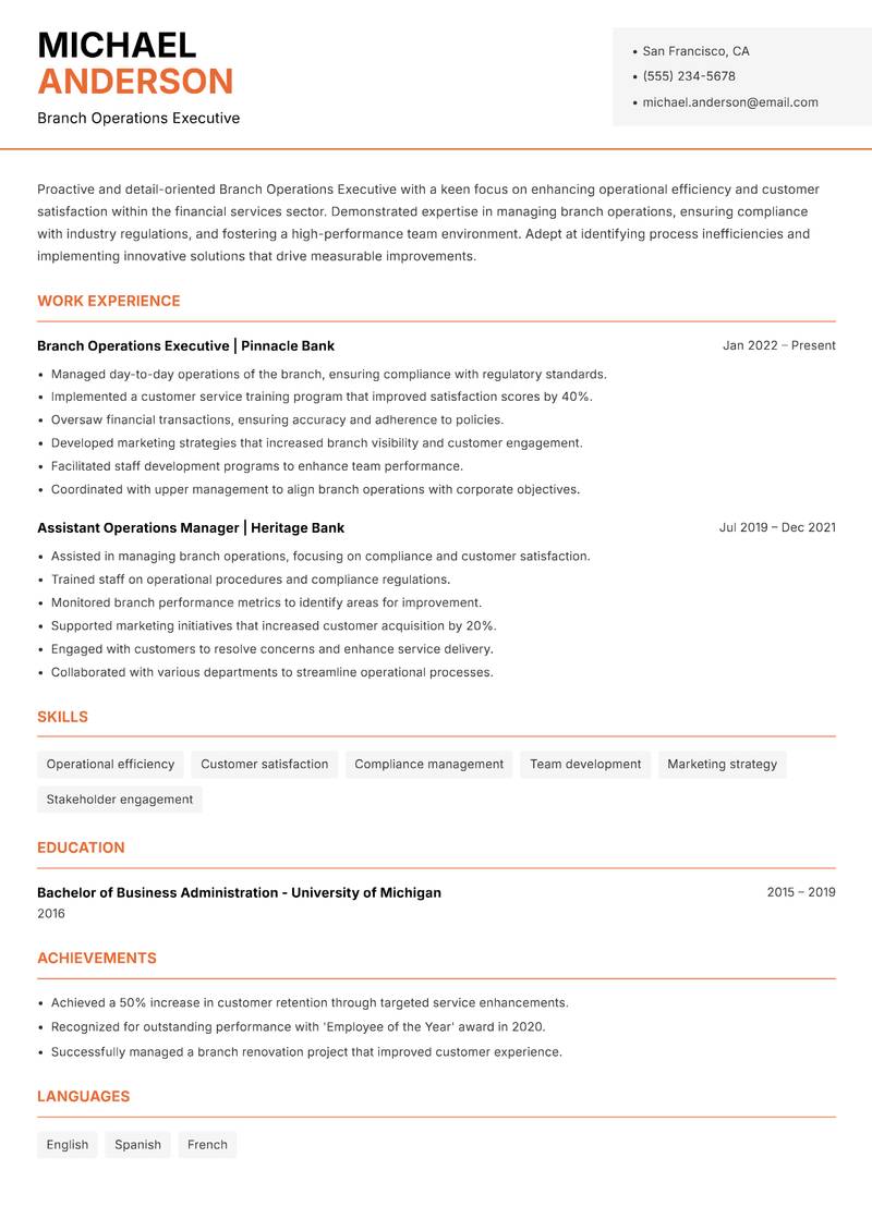 Branch Operations Executive resume template — Modern Professional