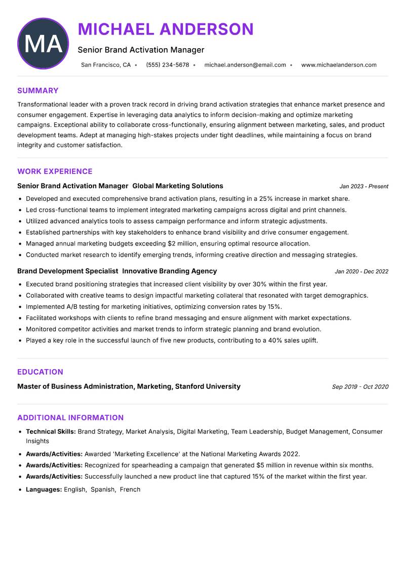 Brand Activation Manager resume example — ATS-friendly template