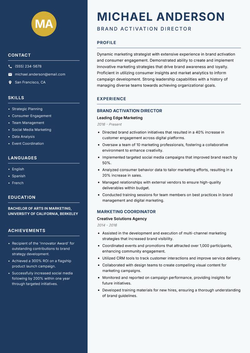 Brand Activation Manager resume template — Classic Clean