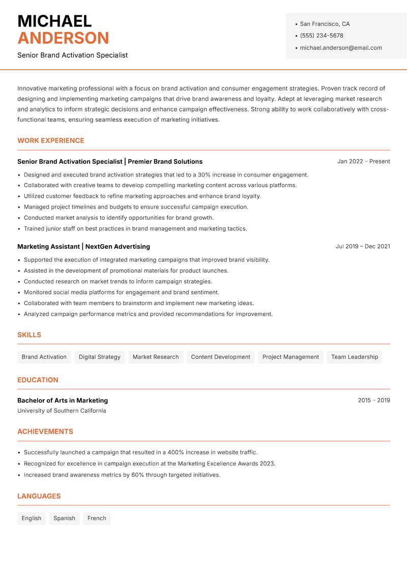 Brand Activation Manager resume template — Modern Professional