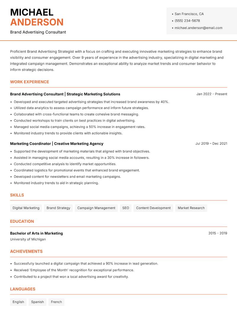 Brand Advertising Strategist resume template — Modern Professional