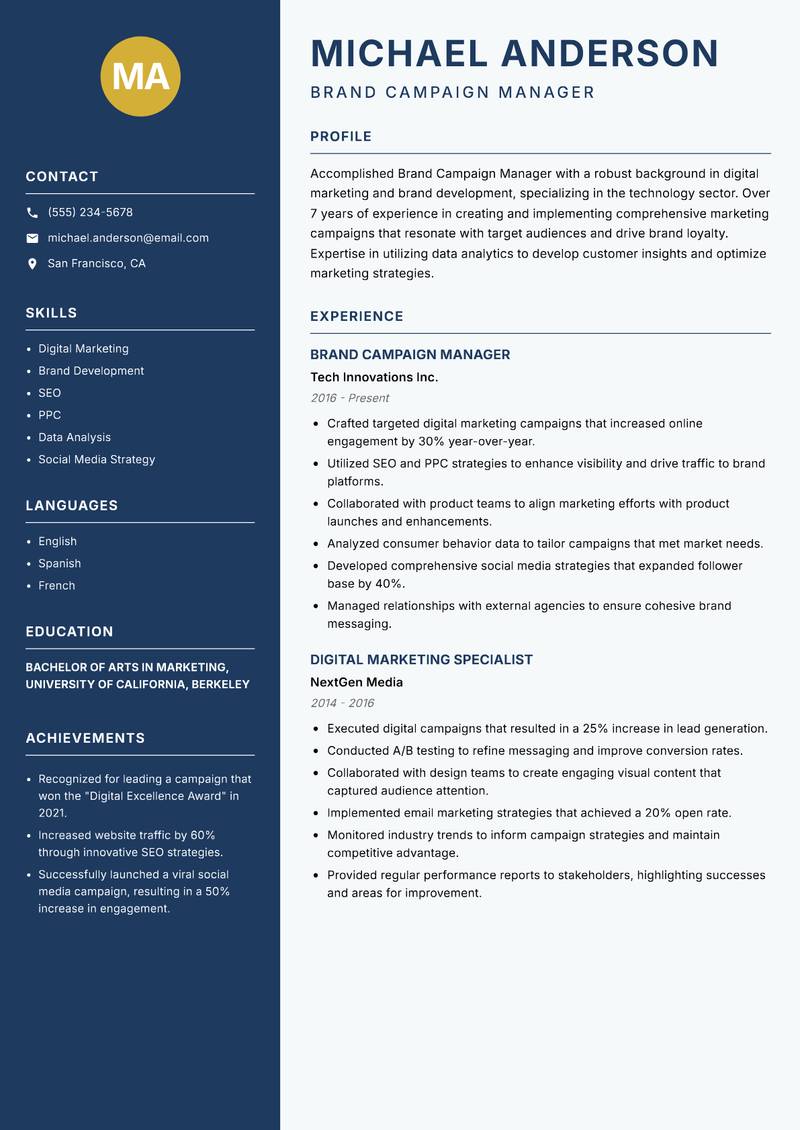 Brand Campaign Manager resume template — Classic Clean