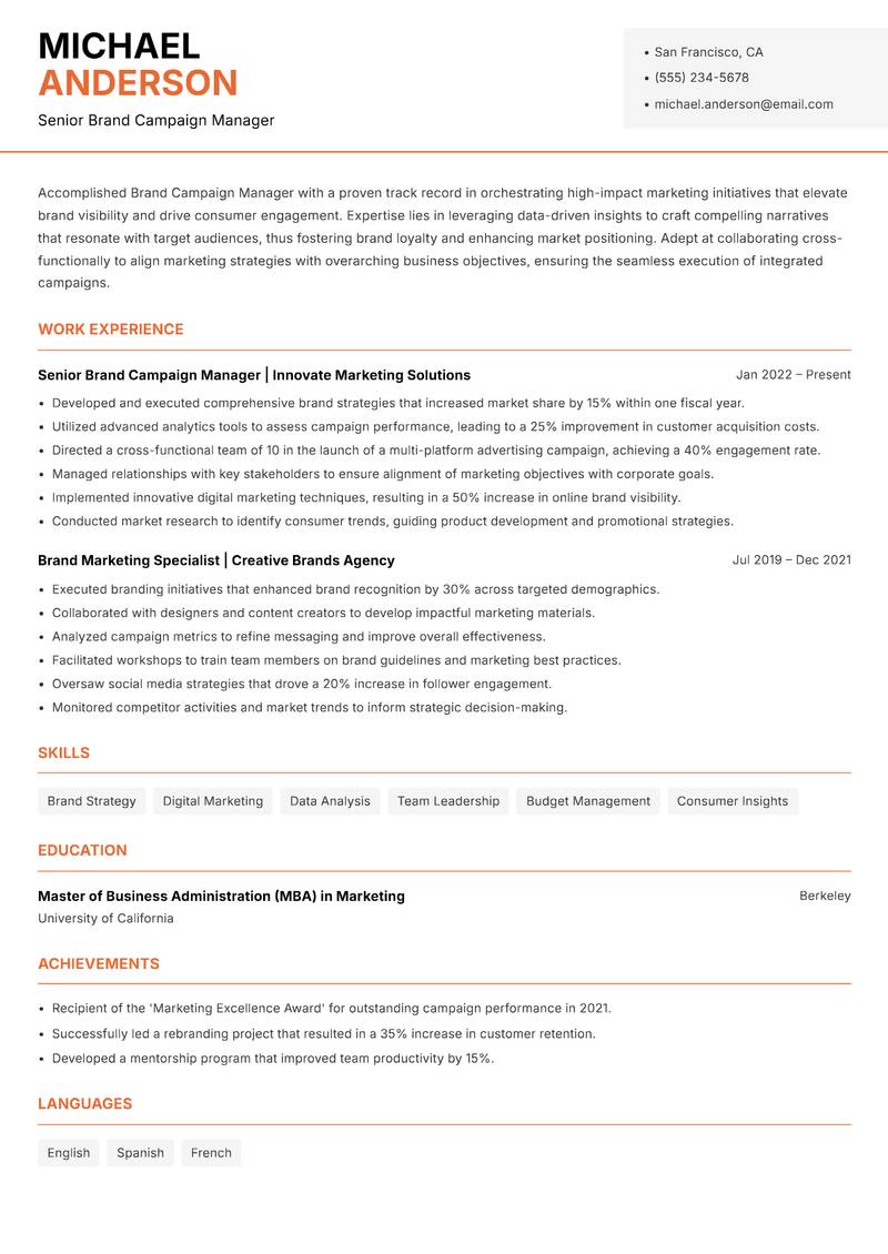 Brand Campaign Manager resume template — Modern Professional