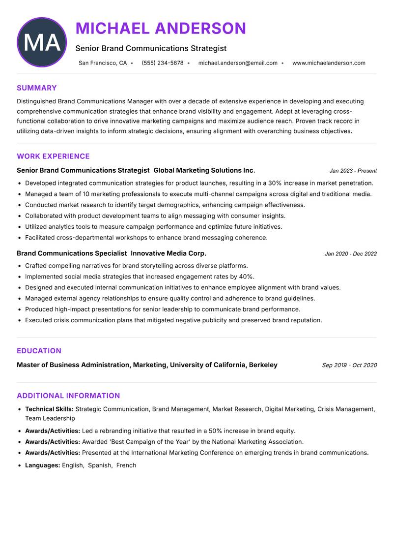 Brand Communications Manager resume example — ATS-friendly template