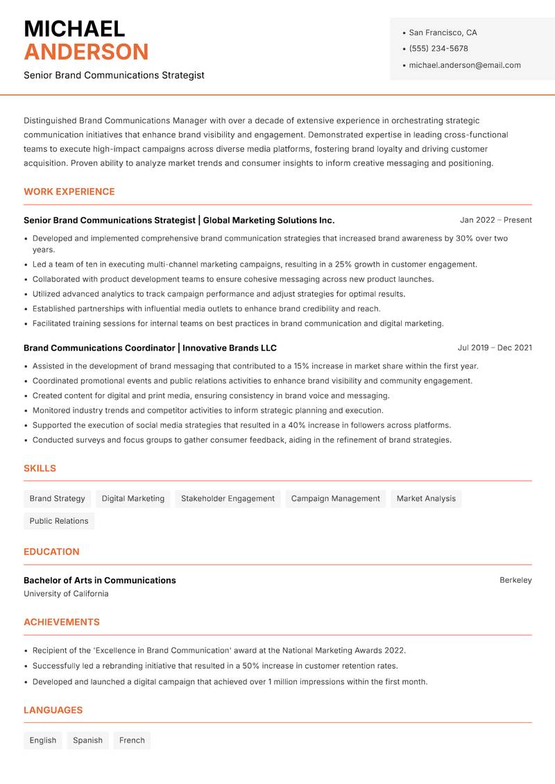 Brand Communications Manager resume template — Modern Professional
