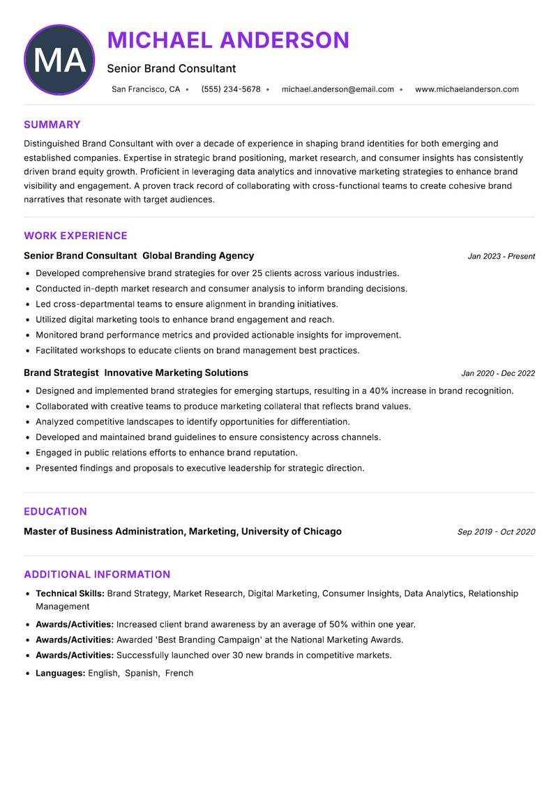 Brand Consultant resume example — ATS-friendly template