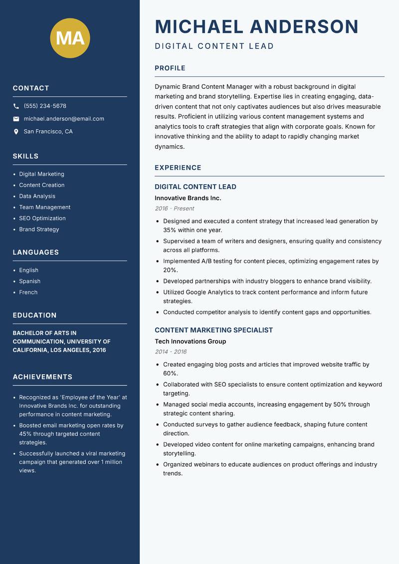 Brand Content Manager resume template — Classic Clean