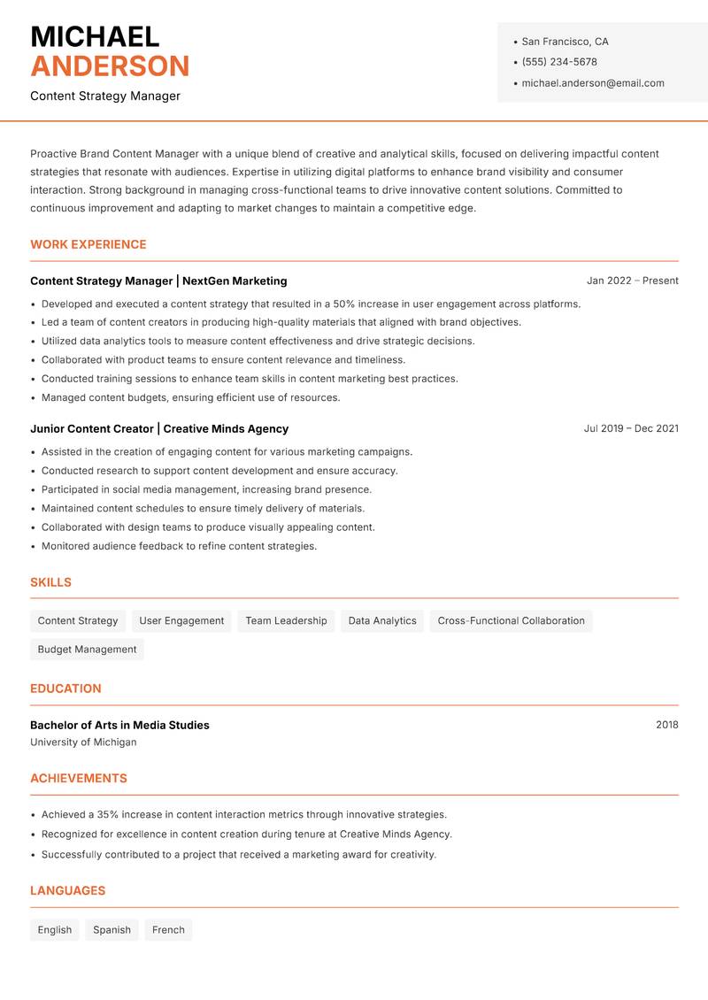 Brand Content Manager resume template — Modern Professional
