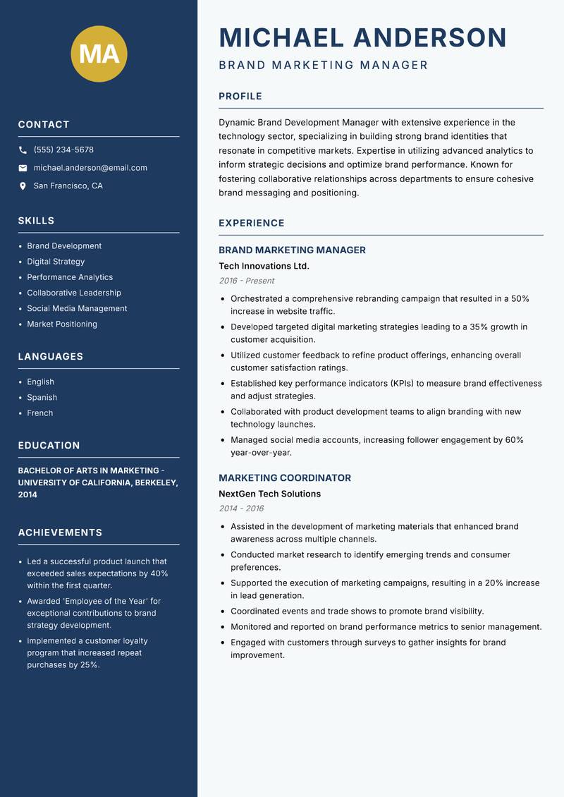 Brand Development Manager resume template — Classic Clean