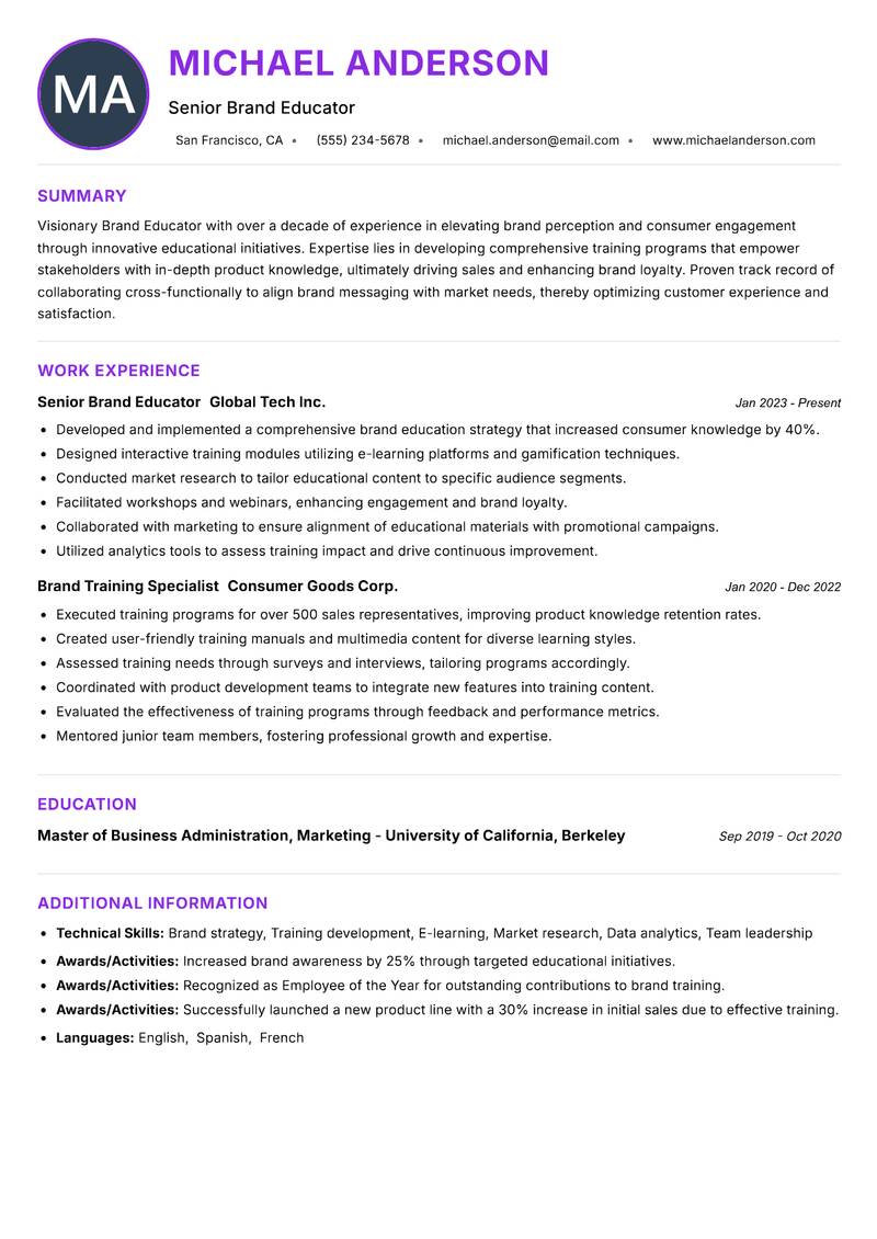 Brand Educator resume example — ATS-friendly template