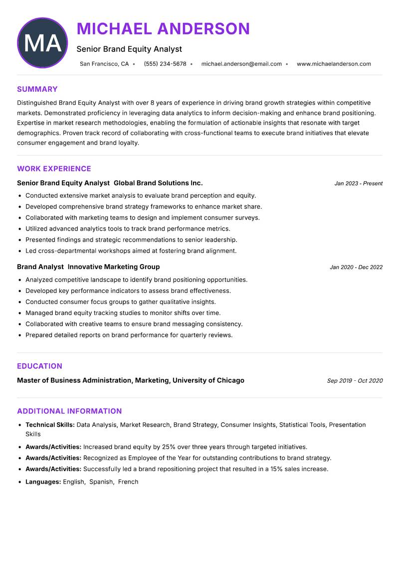 Brand Equity Analyst resume example — ATS-friendly template