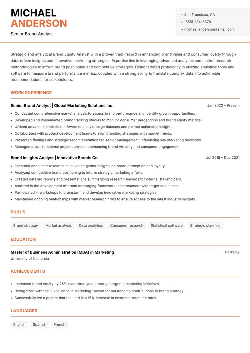 Brand Equity Analyst resume template — Modern Professional