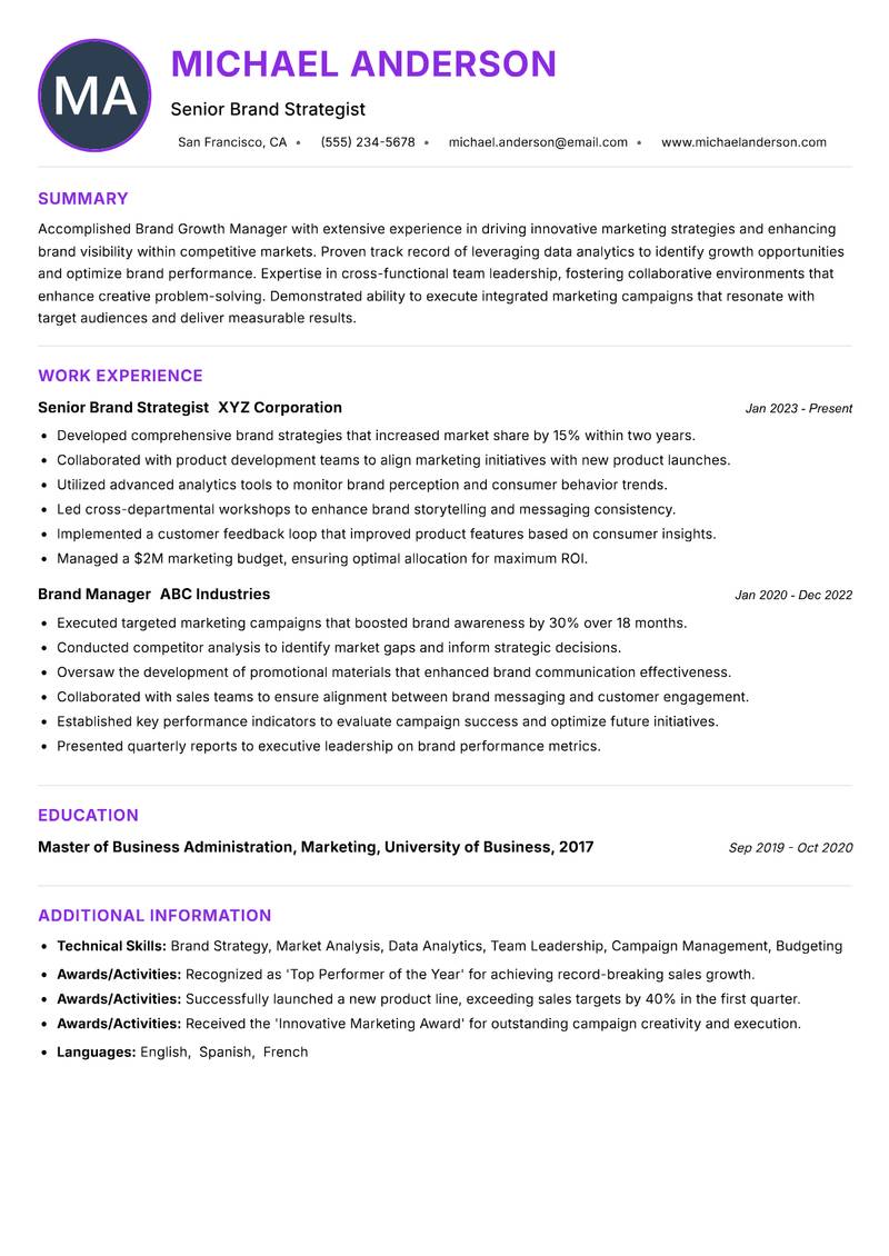 Brand Growth Manager resume example — ATS-friendly template