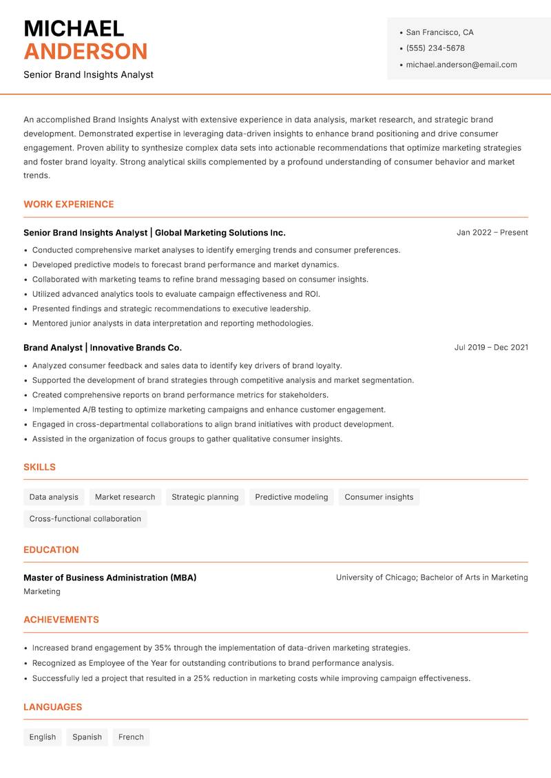 Brand Insights Analyst resume template — Modern Professional