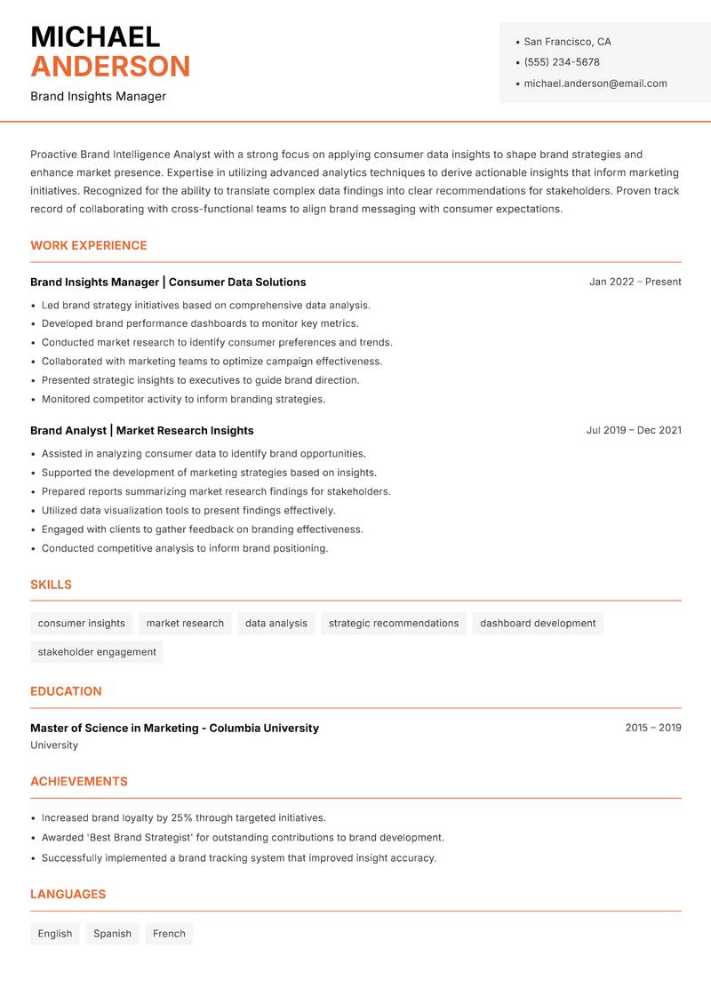 Brand Intelligence Analyst resume template — Modern Professional