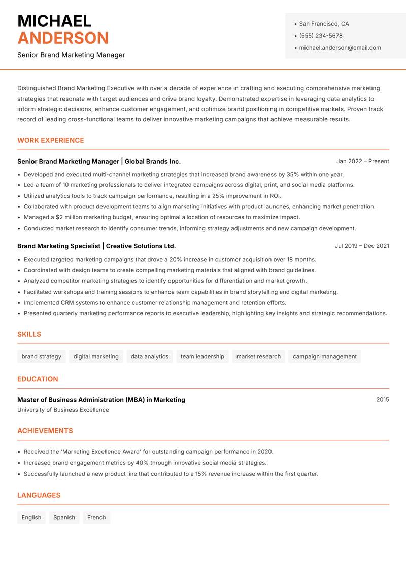 Brand Marketing Executive resume template — Modern Professional
