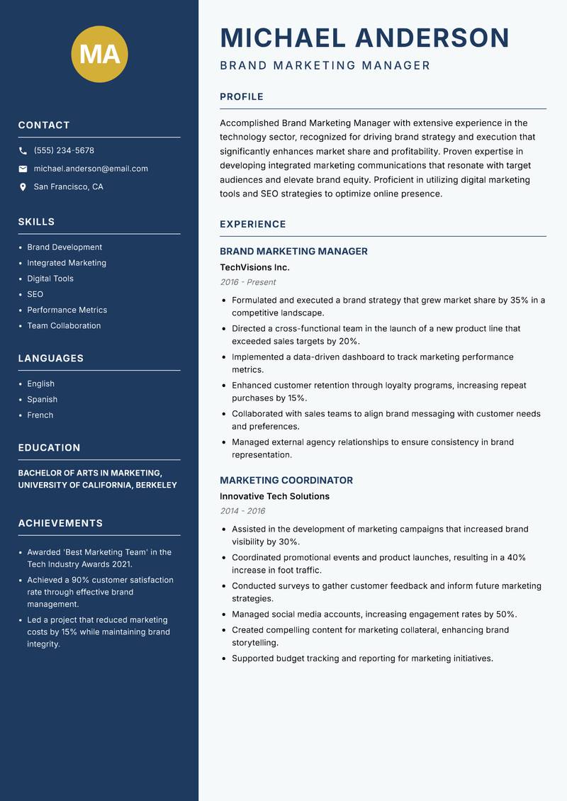 Brand Marketing Manager resume template — Classic Clean