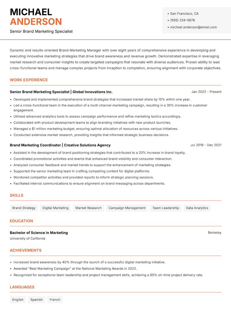 Brand Marketing Manager resume template — Modern Professional