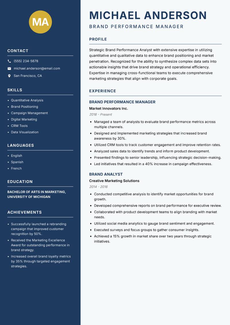 Brand Performance Analyst resume template — Classic Clean