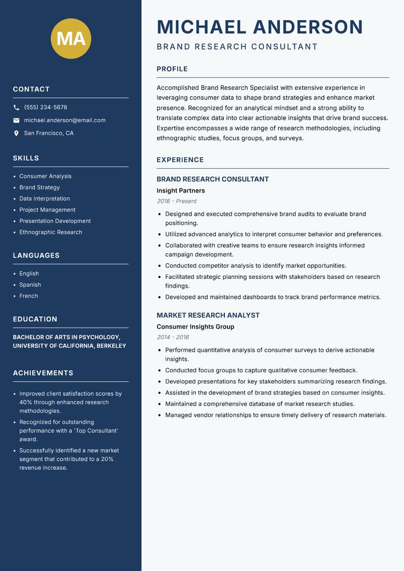Brand Researcher resume template — Classic Clean
