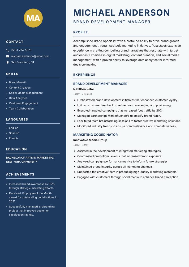 Brand Specialist resume template — Classic Clean