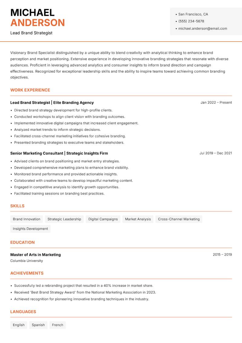 Brand Specialist resume template — Modern Professional