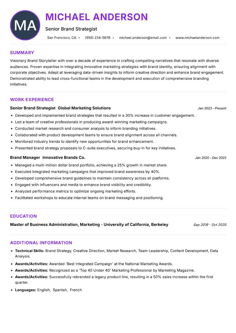 Brand Storyteller resume example — ATS-friendly template