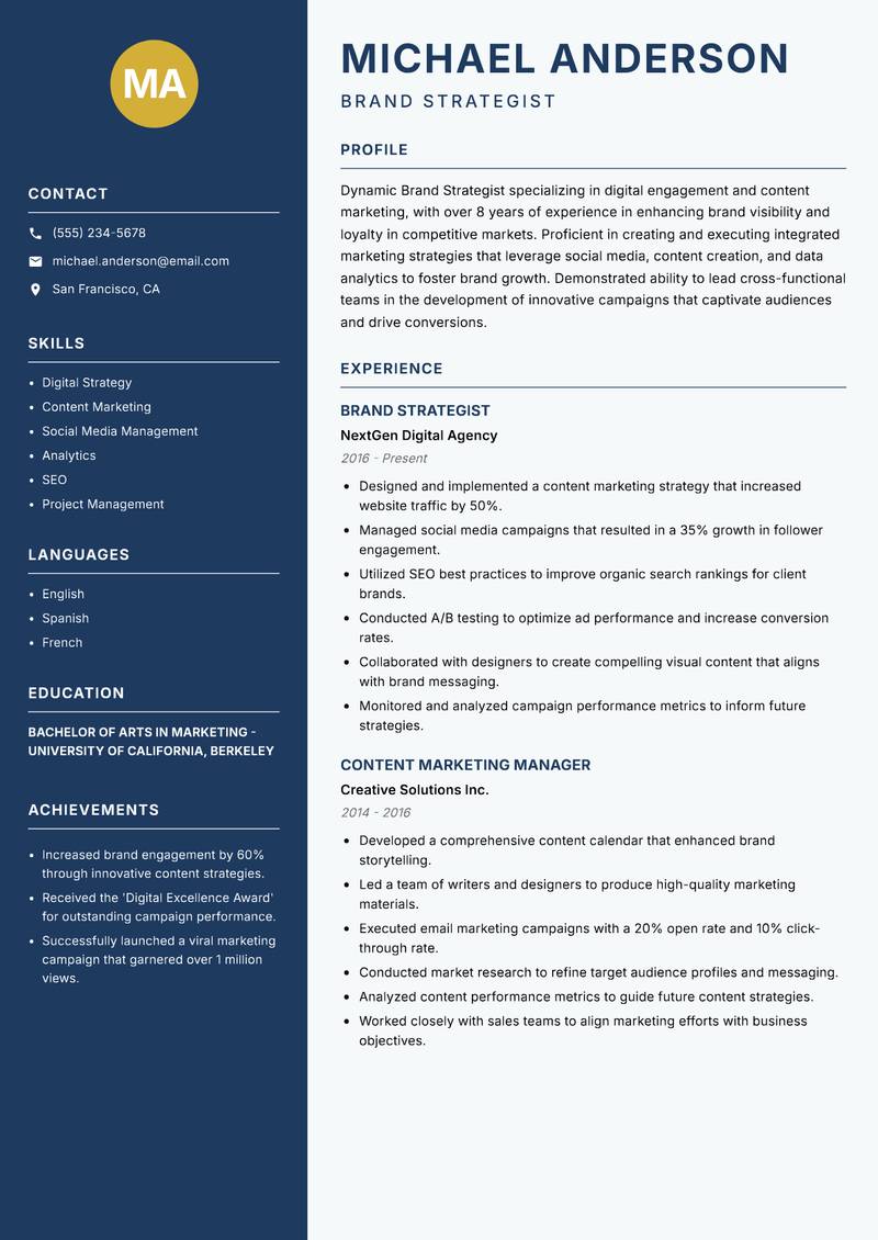 Brand Strategist resume template — Classic Clean