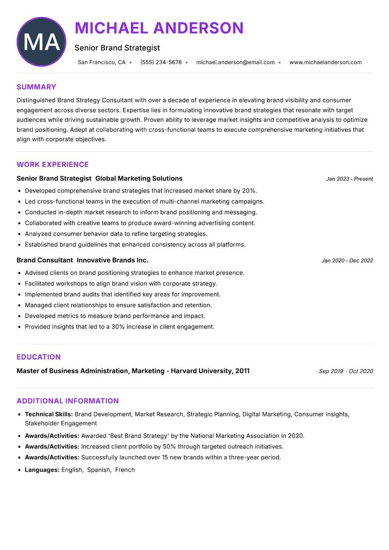 Brand Strategy Consultant resume example — ATS-friendly template