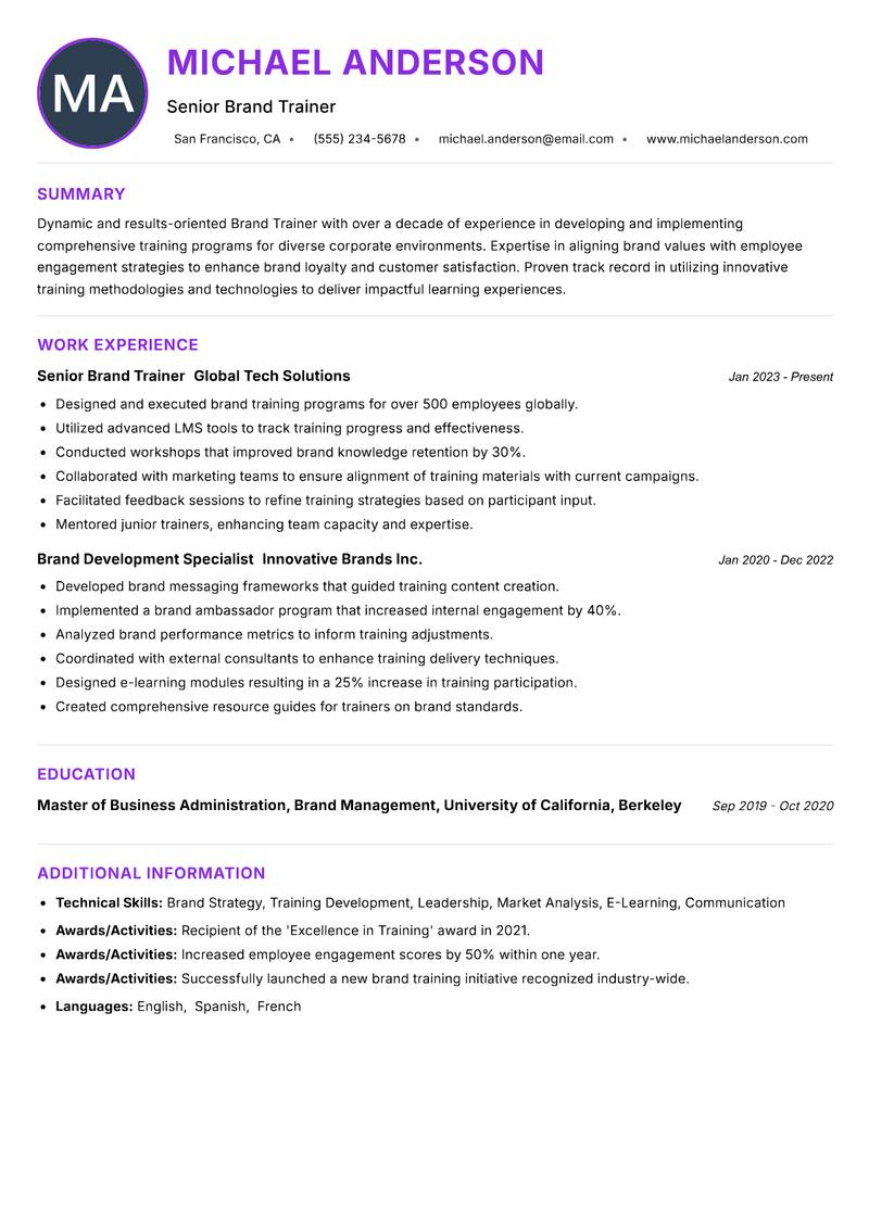Brand Trainer resume example — ATS-friendly template
