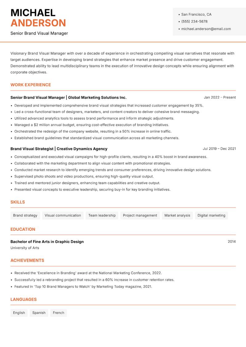 Brand Visual Manager resume template — Modern Professional
