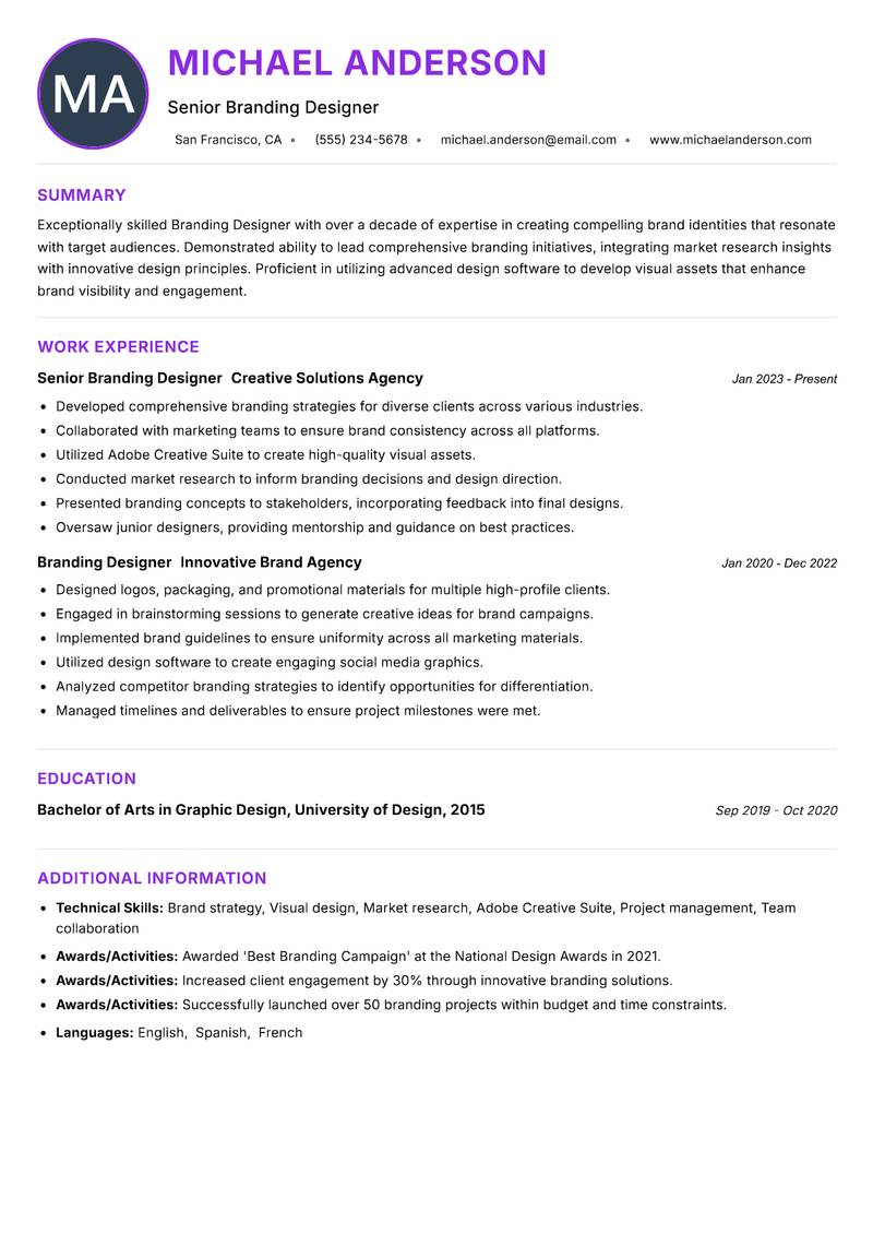 Branding Designer resume example — ATS-friendly template