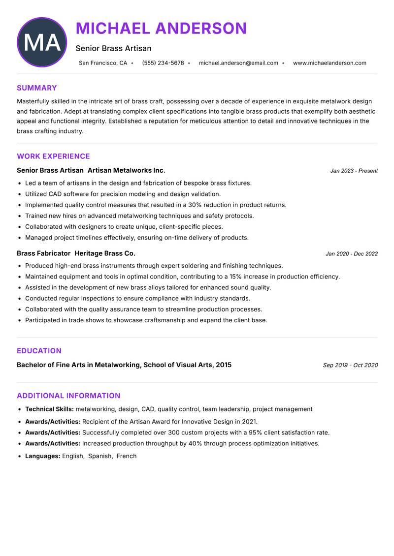 Brass Craft Artisan resume example — ATS-friendly template