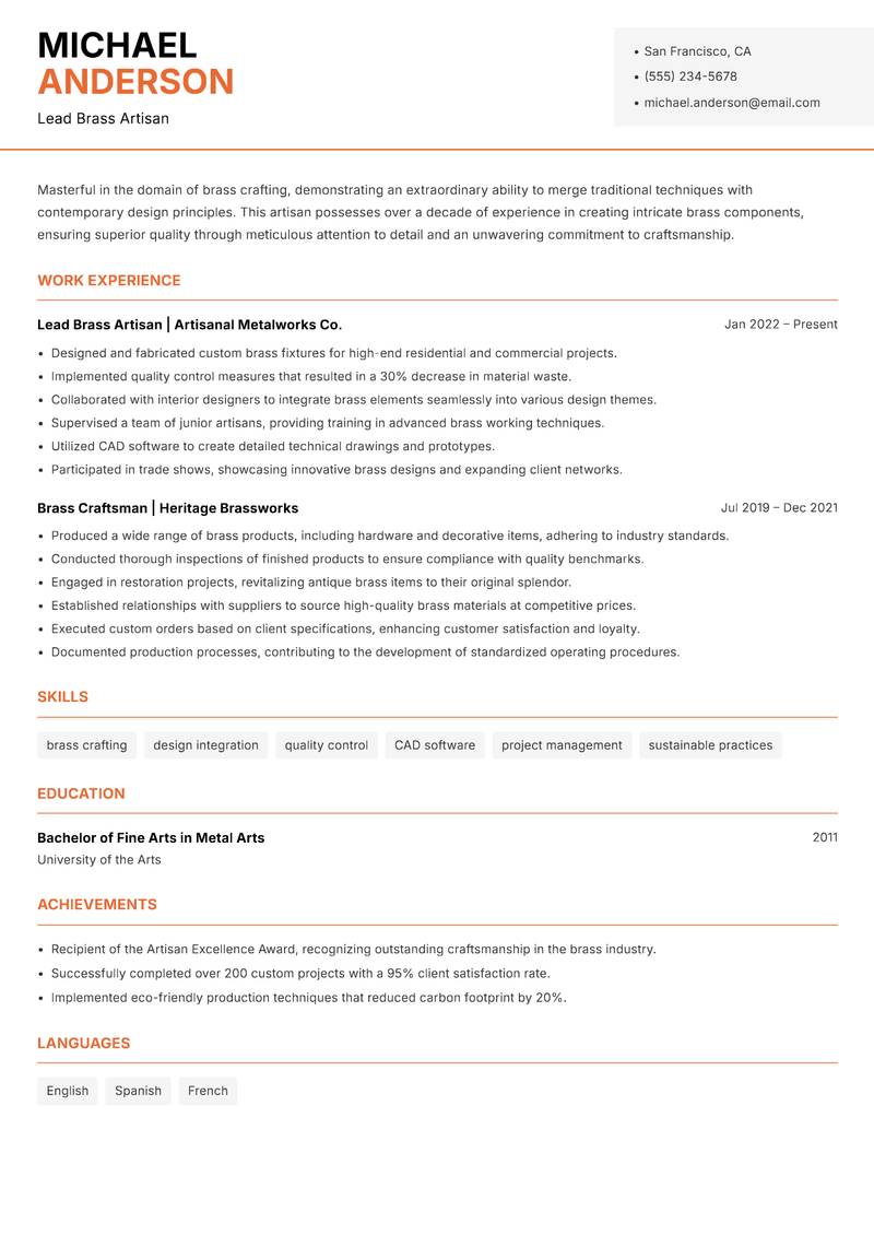 Brass Craft Artisan resume template — Modern Professional