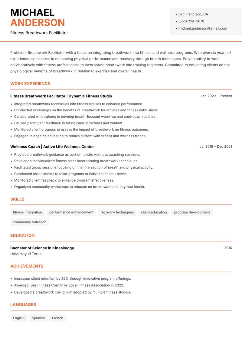 Breathwork Facilitator resume template — Modern Professional