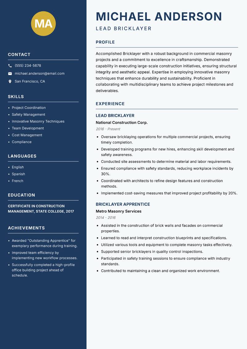 Bricklayer resume template — Classic Clean