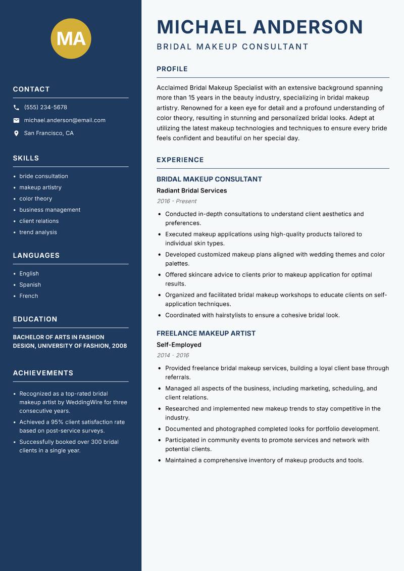 Bridal Makeup Specialist resume template — Classic Clean